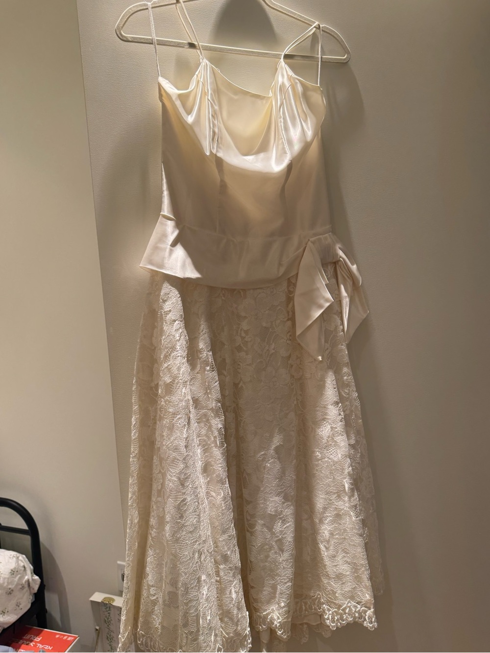 Vintage Ivory Satin & Lace Midi Dress with Bow